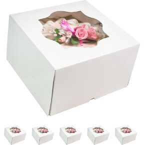 Global Sugar Art Auto-Popup Deep Square Cake Box with Window, White 8 x 8 x 5 Inches, 10 Count