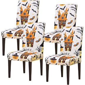 Dining Room Chair Covers, 4 Pcs Halloween Chair Covers Removable Seat Covers Dining Chair Slipcovers Kitchen Chair Covers for Halloween Party Restaurant Home Hotel Decoration (Pumpkin Cobweb)