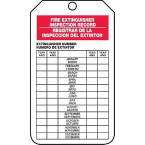 Accuform Signs SBTRS217CTP Spanish Bilingual Fire Extinguisher Tag, Legend "FIRE EXTINGUISHER INSPECTION RECORD/ REGISTRAR DE LA INSPECCION DEL EXTINTOR", 5.75" Length x 3.25" Width x 0.010" Thickness, PF-Cardstock, Red/ Black on White (Pack of 25)