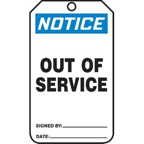 Accuform MDT801PTM RP-Plastic Safety Tag, Legend "Notice Out of Service", 5.75" Length x 3.25" Width x 0.015" Thickness, Blue/Black on White (Pack of 5)