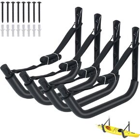 DEDU Kayak Storage Rack, Kayak Wall Mount Hangers 4 Pack, Paddle Board Holder Wall Mount Kayak Storage Hooks 15 Inch with Lashing Straps for Hanging Canoe Surfboard Snowboard Ladders Bikes