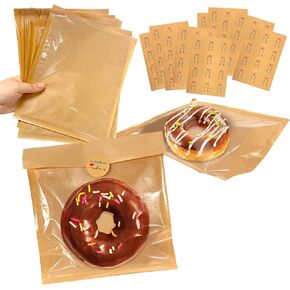 100 Pcs Heat Sealable Bakery Bags with Window, 8.3 x 9.8 Inch Grease Resistant Kraft Cookie Packaging Pastry Bags with 120 Pcs Paper Stickers for Packaging Donut Bread Goods Sandwich Bakery Treat