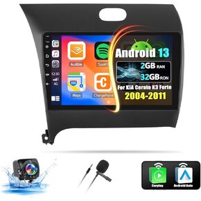 CAMECHO 4+64G 8 Core Radio for KIA Cerato K3 Forte 2013-2018, Android 13 Car Stereo with Carplay & Android Auto, 9" Touch Screen Car Radio with Bluetooth, 59 UI/FM/RDS,DSP, GPS, WiFi, Backup Camera