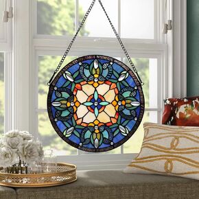 YOURANJU Stained Glass Window Hanging 12" Round Handicraft Blue Flower Glass Window Panel Tiffany Style Window Suncatcher Perfect Window Hangings Housewarming Gift (With Chain Hook)