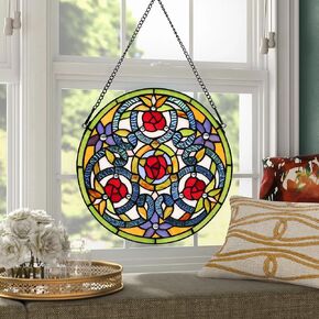 YOURANJU Stained Glass Window Hanging 12" Round Handicraft Blue Flower Glass Window Panel Tiffany Style Window Suncatcher Perfect Window Hangings Housewarming Gift (With Chain Hook)