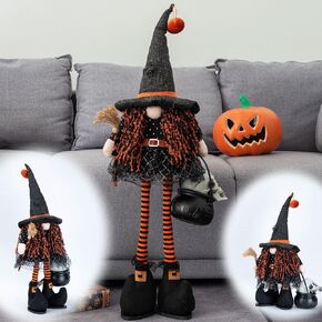 unanscre Large Halloween Gnome Plush Elf Decoration - Standing Witch Gnome w/Retractable Spring Legs(23’’-34’’) Handmade Pumpkin Spider Hat Hold Broom&Skull Cauldron for Halloween Ornament Home Decor