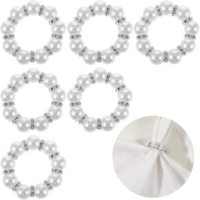 6 PCS Pearl Napkin Rings Wedding White Napkin Ring Holder Imitation Beaded Table Decor Rhinestone Serviette Napkin Rings Buckles for Formal Wedding Home Dinner Party Supplies