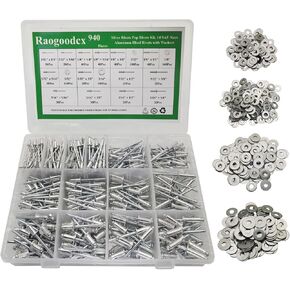 940Pcs Silver Rivets with Washer,14 sizes Pop Rivets Assortment Kit,Blind aluminum rivets kits,3/32" 1/8" 5/32" 3/16" blind rivets for metal Dome Head rivet kit