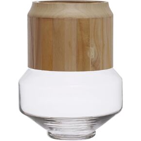 Bloomingville Round Glass Hurricane Removable Acacia Wood Collar, Natural Vase, Clear