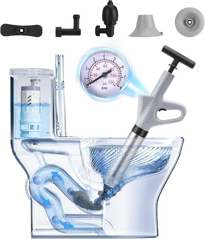 Air Plunger for Drain, High Pressure Air Drain Blaster with Visual Barometer Stainless Steel Toilet Clog Remover Toilet Unclogger Plungers for Bathroom, Toilets, Sink, Kitchen, Clogged Pipe in Saudi Arabia