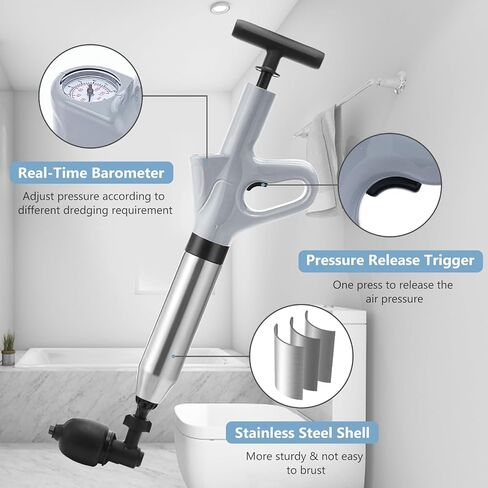 Air Plunger for Drain, High Pressure Air Drain Blaster with Visual Barometer Stainless Steel Toilet Clog Remover Toilet Unclogger Plungers for Bathroom, Toilets, Sink, Kitchen, Clogged Pipe in Saudi Arabia
