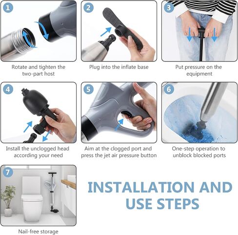 Air Plunger for Drain, High Pressure Air Drain Blaster with Visual Barometer Stainless Steel Toilet Clog Remover Toilet Unclogger Plungers for Bathroom, Toilets, Sink, Kitchen, Clogged Pipe in Saudi Arabia