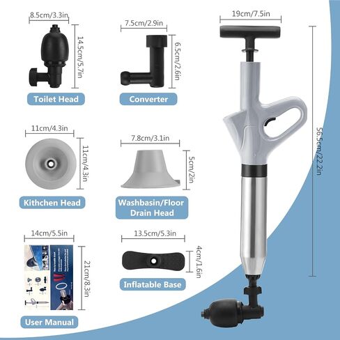 Air Plunger for Drain, High Pressure Air Drain Blaster with Visual Barometer Stainless Steel Toilet Clog Remover Toilet Unclogger Plungers for Bathroom, Toilets, Sink, Kitchen, Clogged Pipe in Saudi Arabia