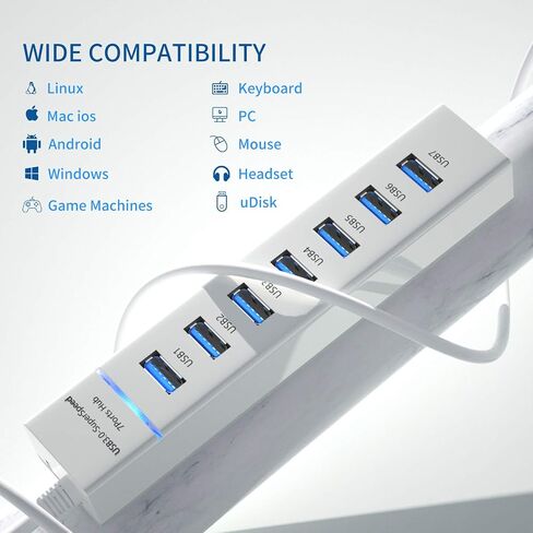 USB Hub 3.0 4 منافذ، موزع بيانات USB مع مفاتيح تشغيل/إيقاف فردية LED وأضواء، موسع منفذ USB عالي السرعة 5 جيجابت في الثانية لأجهزة MacBook وMac Pro وMac Mini وiMac وSurface Pro وXPS وPC-White in Saudi Arabia
