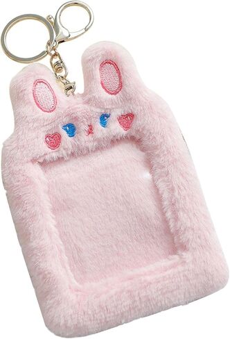 حامل بطاقات الصور iayokocc مع سلسلة مفاتيح، حافظة بطاقات على شكل حيوان كرتوني لطيف وقلادة سلسلة مفاتيح وأكمام واقية للصور (أرنب وردي) in Kuwait