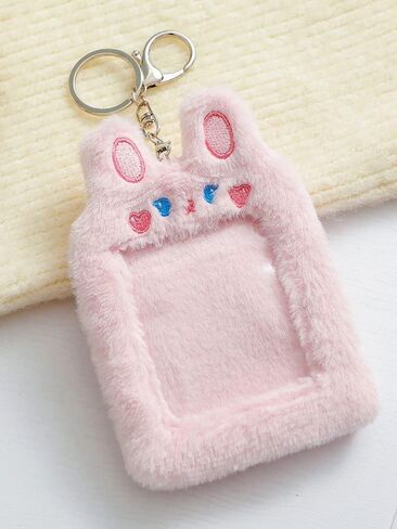 حامل بطاقات الصور iayokocc مع سلسلة مفاتيح، حافظة بطاقات على شكل حيوان كرتوني لطيف وقلادة سلسلة مفاتيح وأكمام واقية للصور (أرنب وردي) in Kuwait