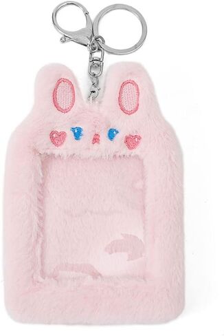 حامل بطاقات الصور iayokocc مع سلسلة مفاتيح، حافظة بطاقات على شكل حيوان كرتوني لطيف وقلادة سلسلة مفاتيح وأكمام واقية للصور (أرنب وردي) in Kuwait