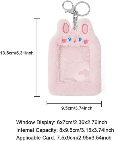 حامل بطاقات الصور iayokocc مع سلسلة مفاتيح، حافظة بطاقات على شكل حيوان كرتوني لطيف وقلادة سلسلة مفاتيح وأكمام واقية للصور (أرنب وردي) in Kuwait