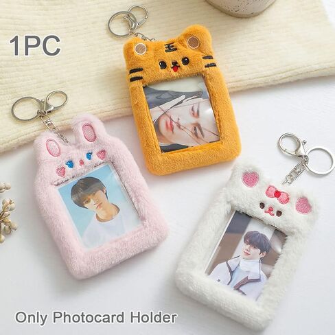 حامل بطاقات الصور iayokocc مع سلسلة مفاتيح، حافظة بطاقات على شكل حيوان كرتوني لطيف وقلادة سلسلة مفاتيح وأكمام واقية للصور (أرنب وردي) in Kuwait