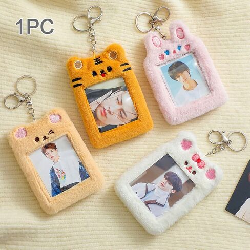 حامل بطاقات الصور iayokocc مع سلسلة مفاتيح، حافظة بطاقات على شكل حيوان كرتوني لطيف وقلادة سلسلة مفاتيح وأكمام واقية للصور (أرنب وردي) in Kuwait
