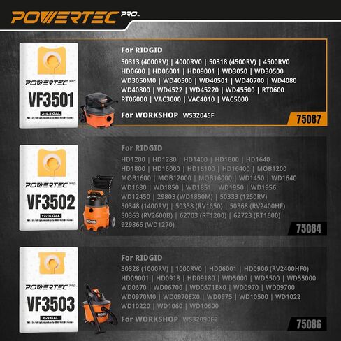 أكياس مكنسة كهربائية POWERTEC PRO Premium Shop للفوضى الرطبة وحطام الغبار الجاف 5 قطع، لأكياس فلتر Ridgid VF3501 23738 مقاس C، أكياس استبدال المكنسة الكهربائية لمتجر Ridgid 4000RV، WD40700 (75087) in Saudi Arabia