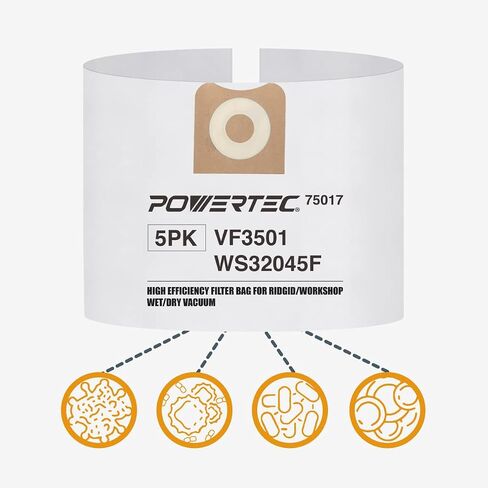 أكياس مكنسة كهربائية POWERTEC PRO Premium Shop للفوضى الرطبة وحطام الغبار الجاف 5 قطع، لأكياس فلتر Ridgid VF3501 23738 مقاس C، أكياس استبدال المكنسة الكهربائية لمتجر Ridgid 4000RV، WD40700 (75087) in Saudi Arabia