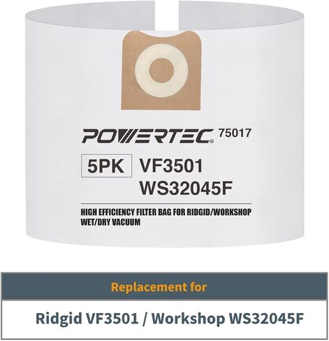 أكياس مكنسة كهربائية POWERTEC PRO Premium Shop للفوضى الرطبة وحطام الغبار الجاف 5 قطع، لأكياس فلتر Ridgid VF3501 23738 مقاس C، أكياس استبدال المكنسة الكهربائية لمتجر Ridgid 4000RV، WD40700 (75087) in Saudi Arabia