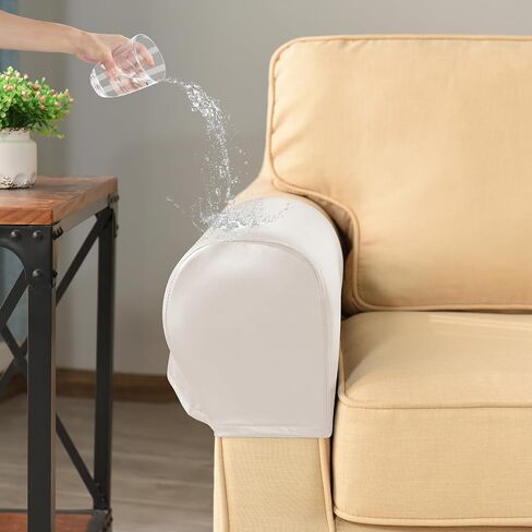 Waterproof Armrest Covers Luxury PU Leather Stretch Arm Covers for Chairs Couch Sofa Wipeable Armchair Slipcovers for Recliner Sofa 2pcs, Cream in Saudi Arabia