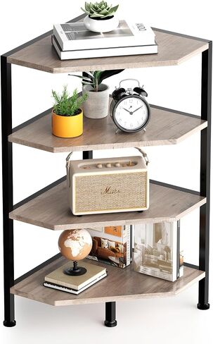 Corner Shelf - 4-Tier Corner Bookshelf with Metal Frame - Small Corner Shelves - Wood Corner Display Shelf for Living Room, Bedroom (Grey) in Saudi Arabia