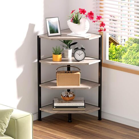 Corner Shelf - 4-Tier Corner Bookshelf with Metal Frame - Small Corner Shelves - Wood Corner Display Shelf for Living Room, Bedroom (Grey) in Saudi Arabia