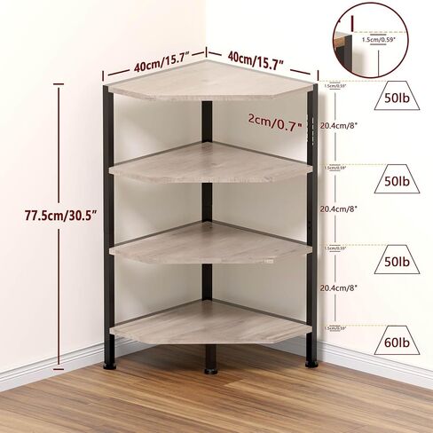 Corner Shelf - 4-Tier Corner Bookshelf with Metal Frame - Small Corner Shelves - Wood Corner Display Shelf for Living Room, Bedroom (Grey) in Saudi Arabia