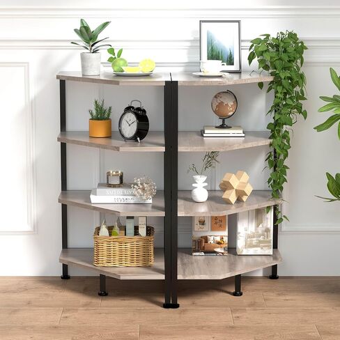 Corner Shelf - 4-Tier Corner Bookshelf with Metal Frame - Small Corner Shelves - Wood Corner Display Shelf for Living Room, Bedroom (Grey) in Saudi Arabia