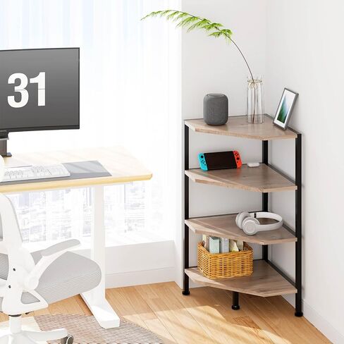Corner Shelf - 4-Tier Corner Bookshelf with Metal Frame - Small Corner Shelves - Wood Corner Display Shelf for Living Room, Bedroom (Grey) in Saudi Arabia