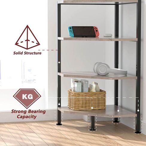 Corner Shelf - 4-Tier Corner Bookshelf with Metal Frame - Small Corner Shelves - Wood Corner Display Shelf for Living Room, Bedroom (Grey) in Saudi Arabia
