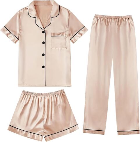 طقم بيجامات حريمي من الساتان والحرير من LecGee مكون من 3 قطع بأزرار سفلية ملابس نوم وأكمام قصيرة وسروال قصير مجموعة Pjs ملابس للاستلقاء in Kuwait