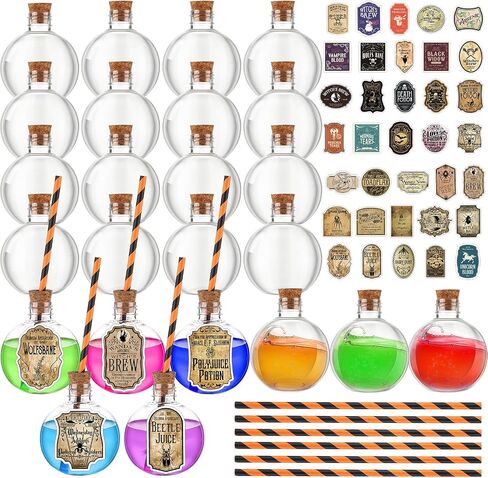 Baderke 119 Pcs 6 oz Halloween Fish Bowl with Straws Spherical Potion Bottles Round Plastic Bottles with Stickers Cocktail Ornament Balls for Halloween Christmas Centerpieces Party Decorative Supplies in Saudi Arabia