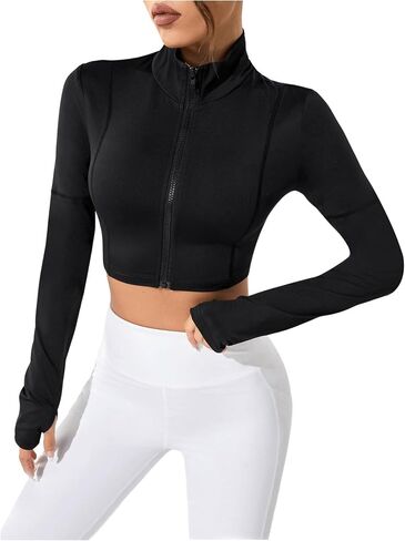 Women's Zip Up Stand Collar Sports Jacket Long Sleeve Workout Crop Tops Athletic Running Jackets in Saudi Arabia