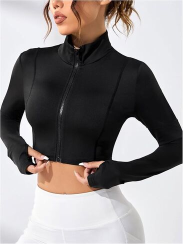 Women's Zip Up Stand Collar Sports Jacket Long Sleeve Workout Crop Tops Athletic Running Jackets in Saudi Arabia