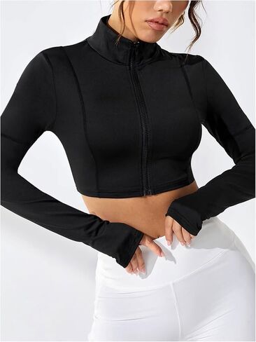 Women's Zip Up Stand Collar Sports Jacket Long Sleeve Workout Crop Tops Athletic Running Jackets in Saudi Arabia