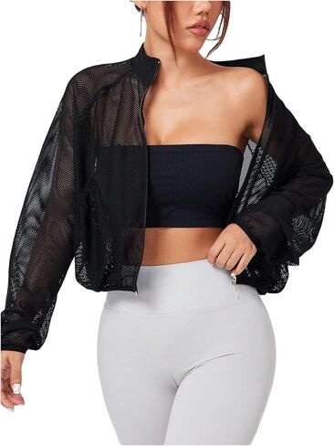 GORGLITTER Women's Fishnet Zip Up Jacket Top Sheer Mesh Long Sleeve See Through Lightweight Athletic Workout Jackets in Saudi Arabia