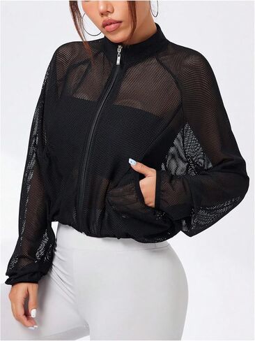 GORGLITTER Women's Fishnet Zip Up Jacket Top Sheer Mesh Long Sleeve See Through Lightweight Athletic Workout Jackets in Saudi Arabia