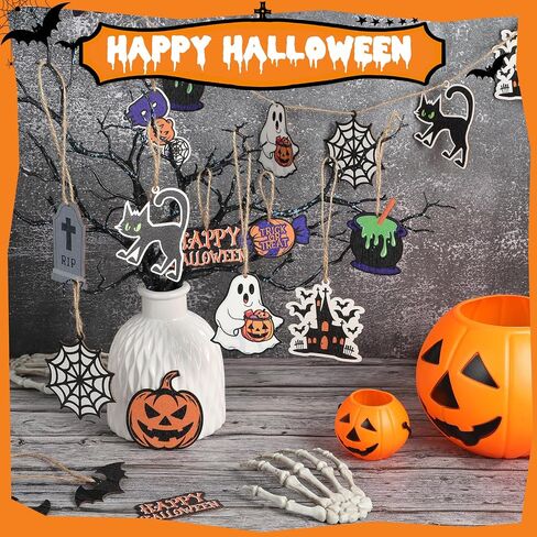 36Pcs Halloween Tree Ornaments, Halloween Wooden Hanging Ornaments Halloween Tree Decorations with Ropes for Tree Home Party Decoration in Saudi Arabia