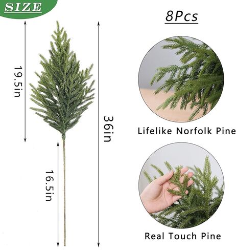 YXZZWL 8 Pcs Christmas Norfolk Pine Branches, 36 Inch Real Touch Artificial Norfolk Pine Branch Faux Cedar Pine Stem Fake Greenery Pine Picks for Vase DIY Garland Wreath Home Garden Decoration in Saudi Arabia