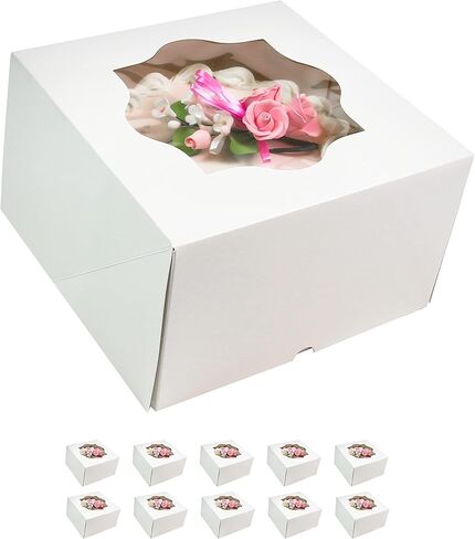 Global Sugar Art Auto-Popup Deep Square Cake Box with Window, White 8 x 8 x 5 Inches, 10 Count in Kuwait
