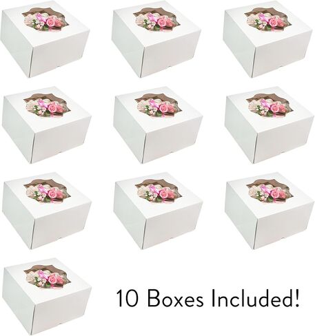 Global Sugar Art Auto-Popup Deep Square Cake Box with Window, White 8 x 8 x 5 Inches, 10 Count in Kuwait