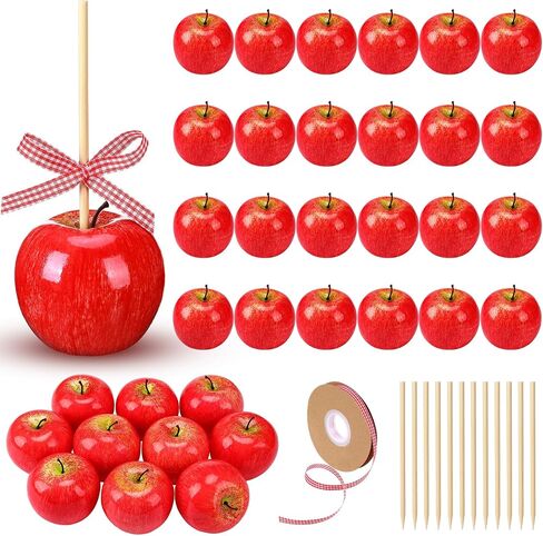 12 Sets Fake Apples Artificial Apples Foam Caramel Apples with Candy Apple Sticks Checkered Ribbons for Halloween Christmas Home House Kitchen Table Basket Photography Party Decoration in Saudi Arabia