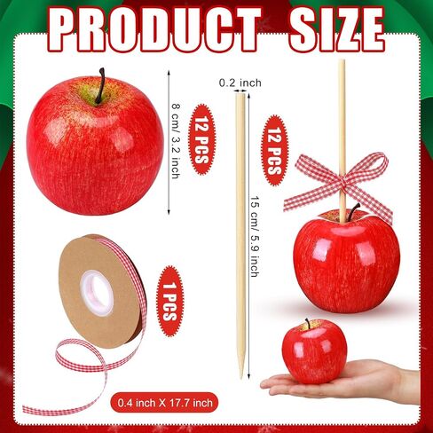 12 Sets Fake Apples Artificial Apples Foam Caramel Apples with Candy Apple Sticks Checkered Ribbons for Halloween Christmas Home House Kitchen Table Basket Photography Party Decoration in Saudi Arabia