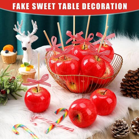 12 Sets Fake Apples Artificial Apples Foam Caramel Apples with Candy Apple Sticks Checkered Ribbons for Halloween Christmas Home House Kitchen Table Basket Photography Party Decoration in Saudi Arabia