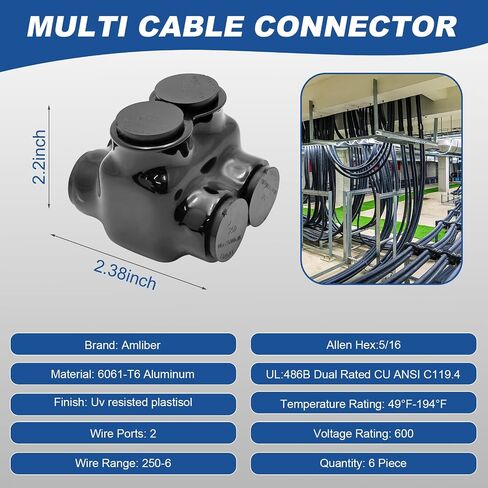 Black Insulated in-Line Splice Alumiconn Connector 2 Set Screws - 1/0-14 Wire Range - 3/16 Allen Hex - Pre-Filled with Oxide Inhibitor, Rubber Vinyl Coating, 6061-T6 Aluminum CU9AL, (15 Pack) in Kuwait