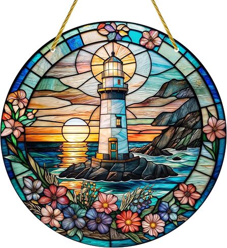 Stained Acrylic Window Hanging - 1Pcs Lighthouse Theme Round Acrylic Window Hanging Stained Sun Catcher for Indoor Outdoor Decor, Garden Decoration or Housewarming Gift in Saudi Arabia